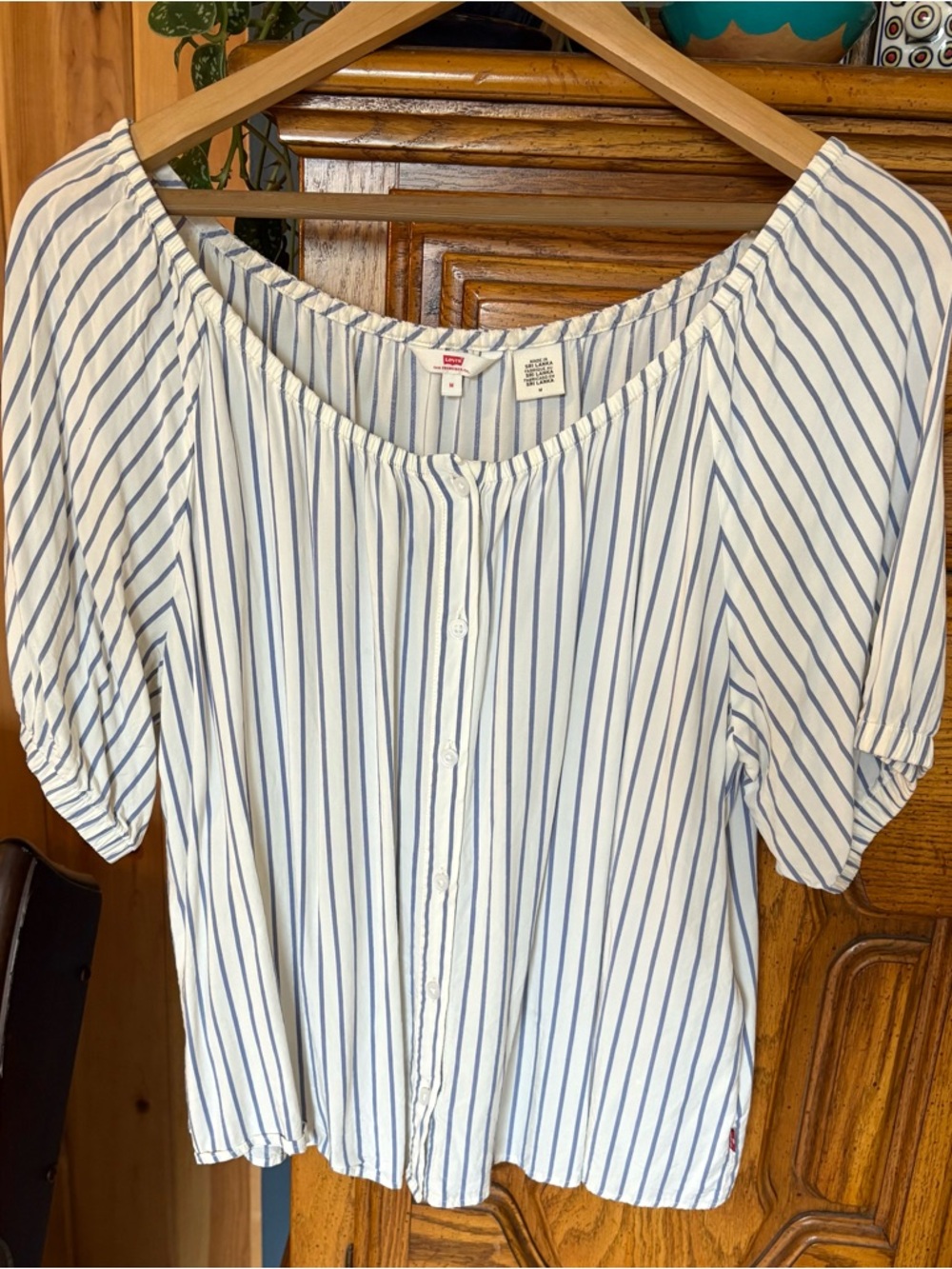 Levi's White and Light Blue Striped Button-Front Top